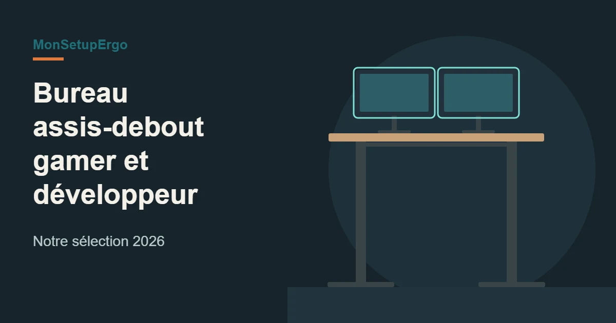 Illustration d’un setup gaming avec deux écrans sur un bureau assis-debout