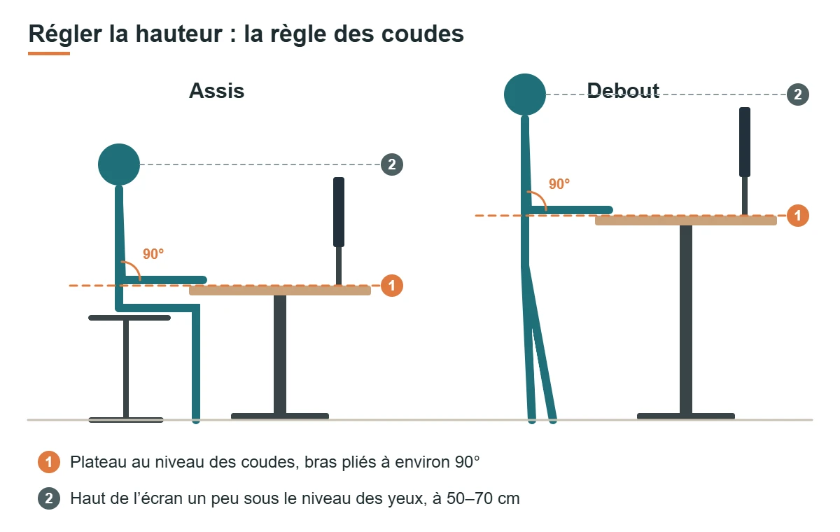 Schéma : en position assise et debout, le plateau est à hauteur des coudes pliés à 90° et le haut de l’écran sous le niveau des yeux